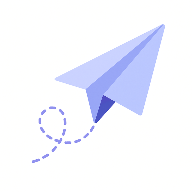 Illustration of a purple paper airplane with a dashed flight path.